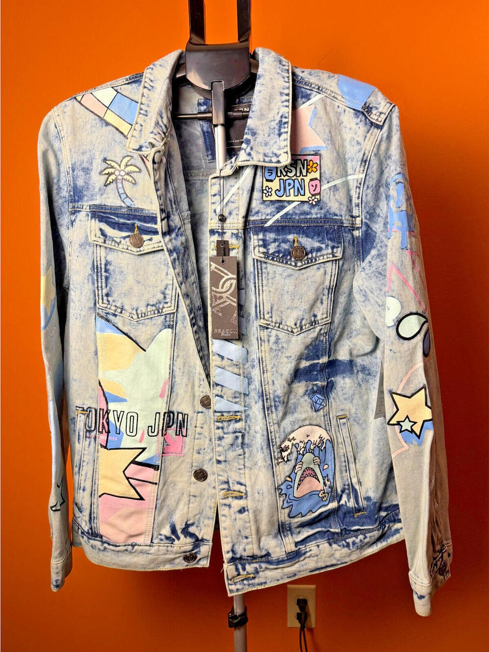 New rare NWT Reason XL denim jacket stonewash pastel colors teddy bear
